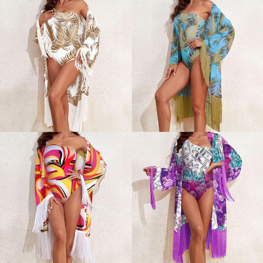 2024 European & American Three-Piece Swimsuit Set: Long Sleeve Sunscreen Cover-up Bikini for Women.