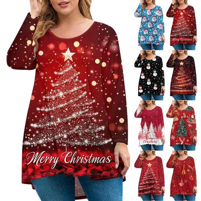 Женская мода большого размера с круглым вырезом и длинным рукавом, повседневный свободный пуловер с рождественским принтом