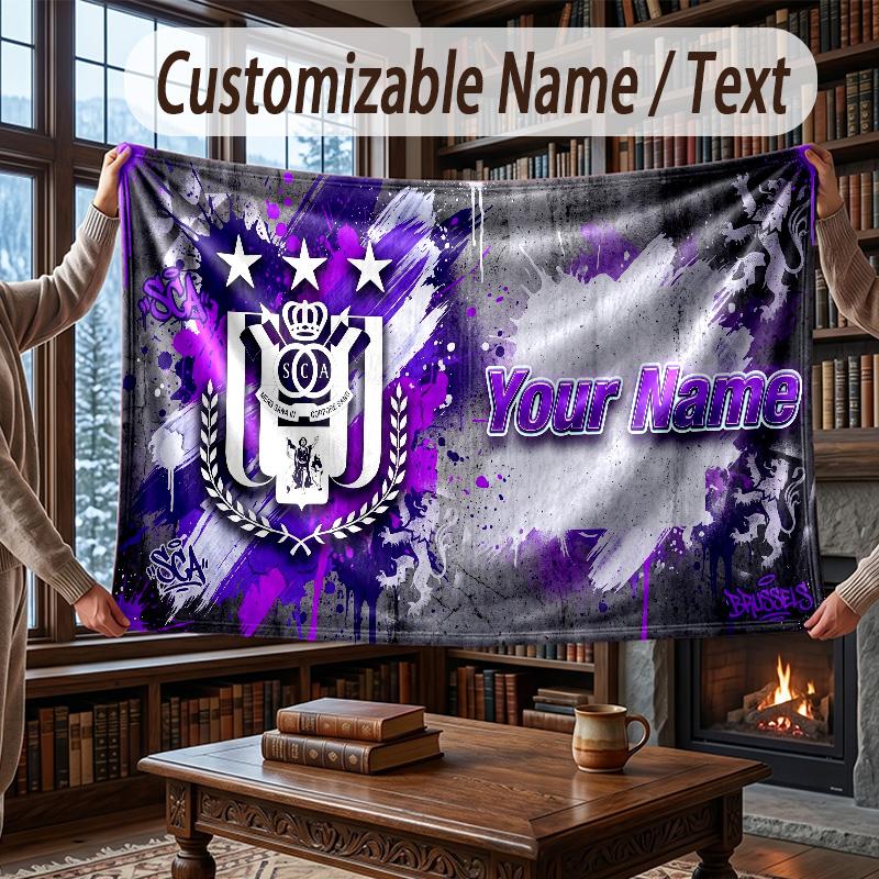Custom Name Flannel Throw Blanket Anderlecht FC logo Pattern Warm Home Decoration