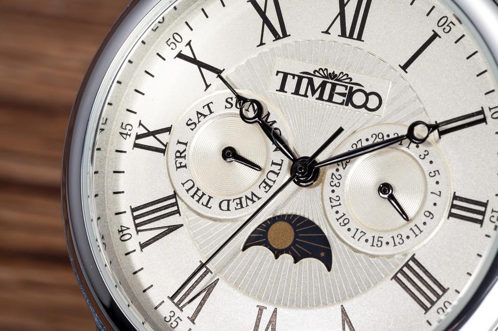 Популярные наручные часы Time100 с датой, днем недели, японским механизмом, черным кожаным ремешком, для офисных работников, для взрослых, белые