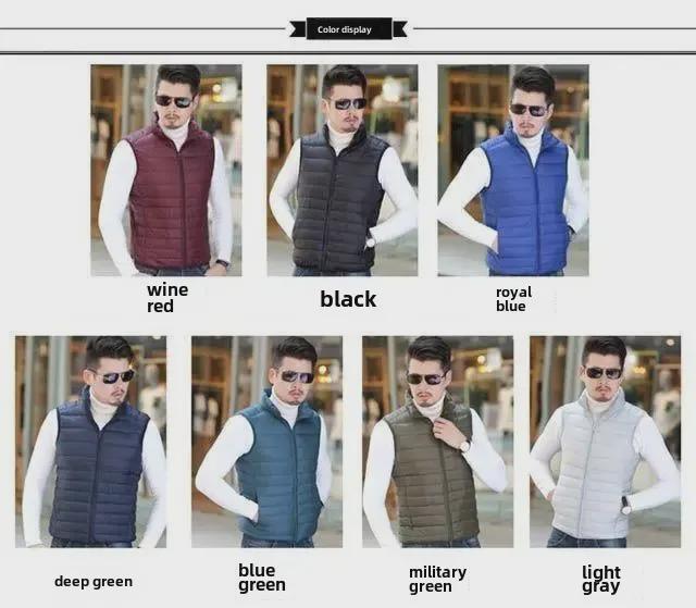 Men's Lightweight Down Cotton Vest Jacket - Large, Warm, Fashionable Stand-Up Collar