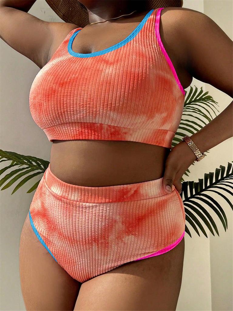 Plus Size Women's Color Block Tie-Dye Tankini Swimsuit P017