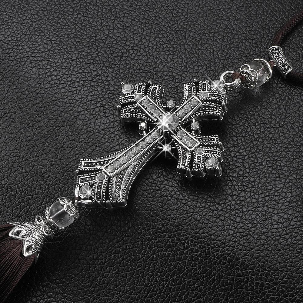 Metal And Crystal Diamond Cross Jesus Christian Car Rear View Mirror Car Pendant Hanging Car Accessories Automobiles Decoration