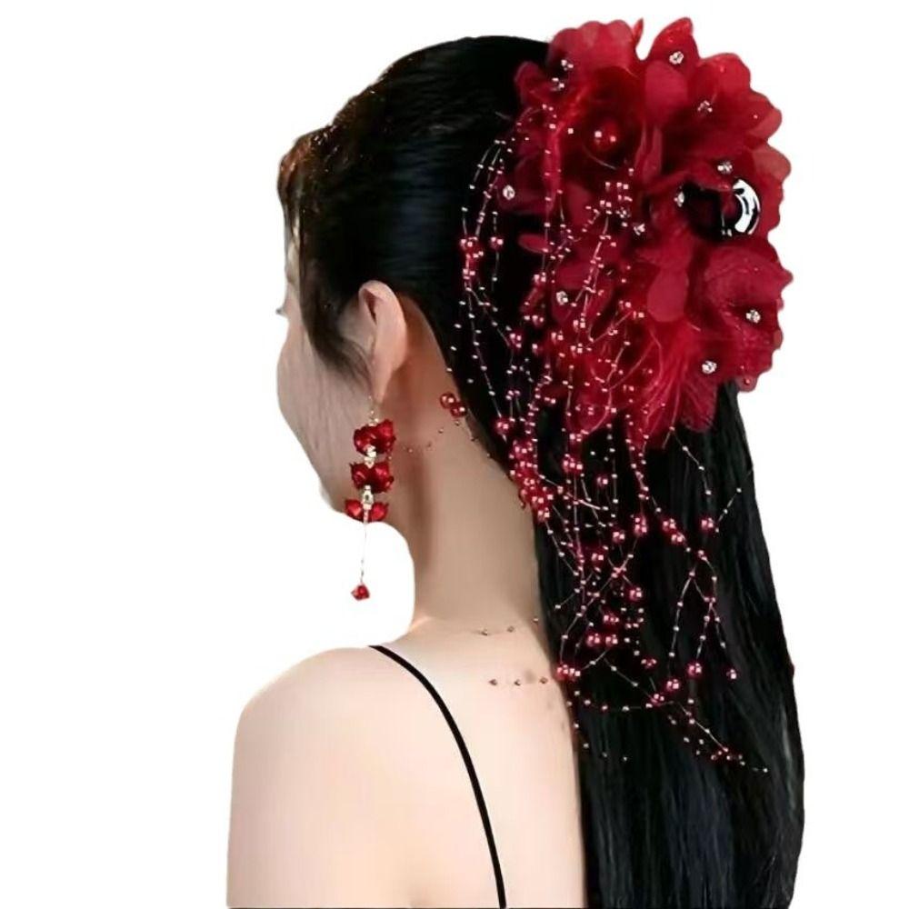 Tassel Hair Claw Feather Flower Pearls Hair Accessories Elegant Grasping Clip for Girl