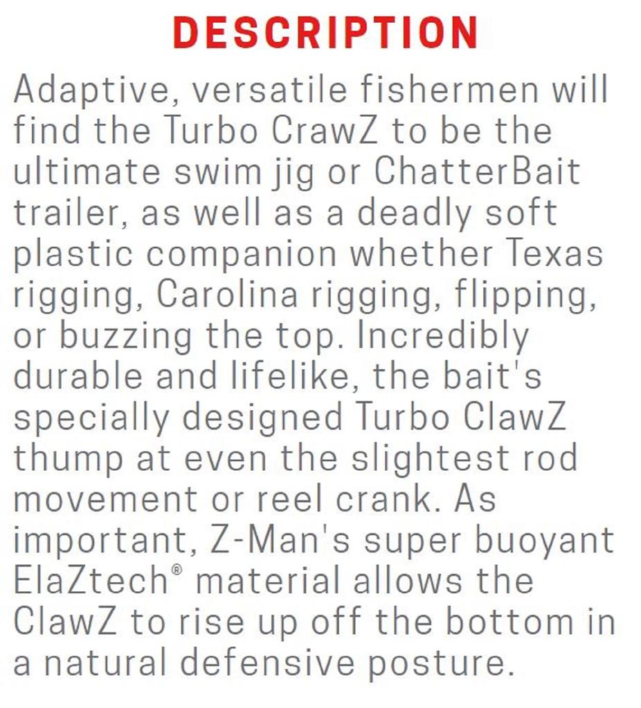 Zman Мягкая приманка Turbo CrawZ 4 дюйма (6 шт. в упаковке) Moliting Craw (9887)
