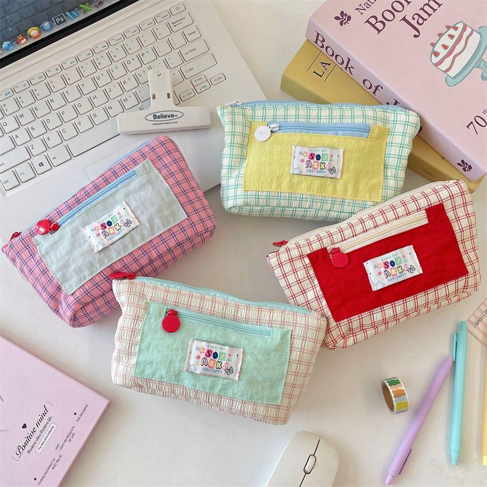Portable Contrasting Grid Pen Case Dopamine Cute Makeup Bag Casual Cartoon Stationery Box School