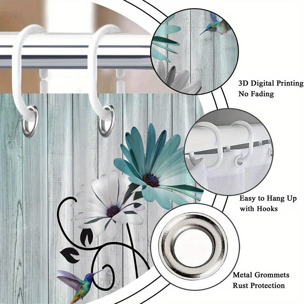1 Цветочная шторка для душа с колибри - Яркие белые и светло-голубые цветы с черными вьющимися лозами, 70x70 дюймов, полиэстеровая ткань