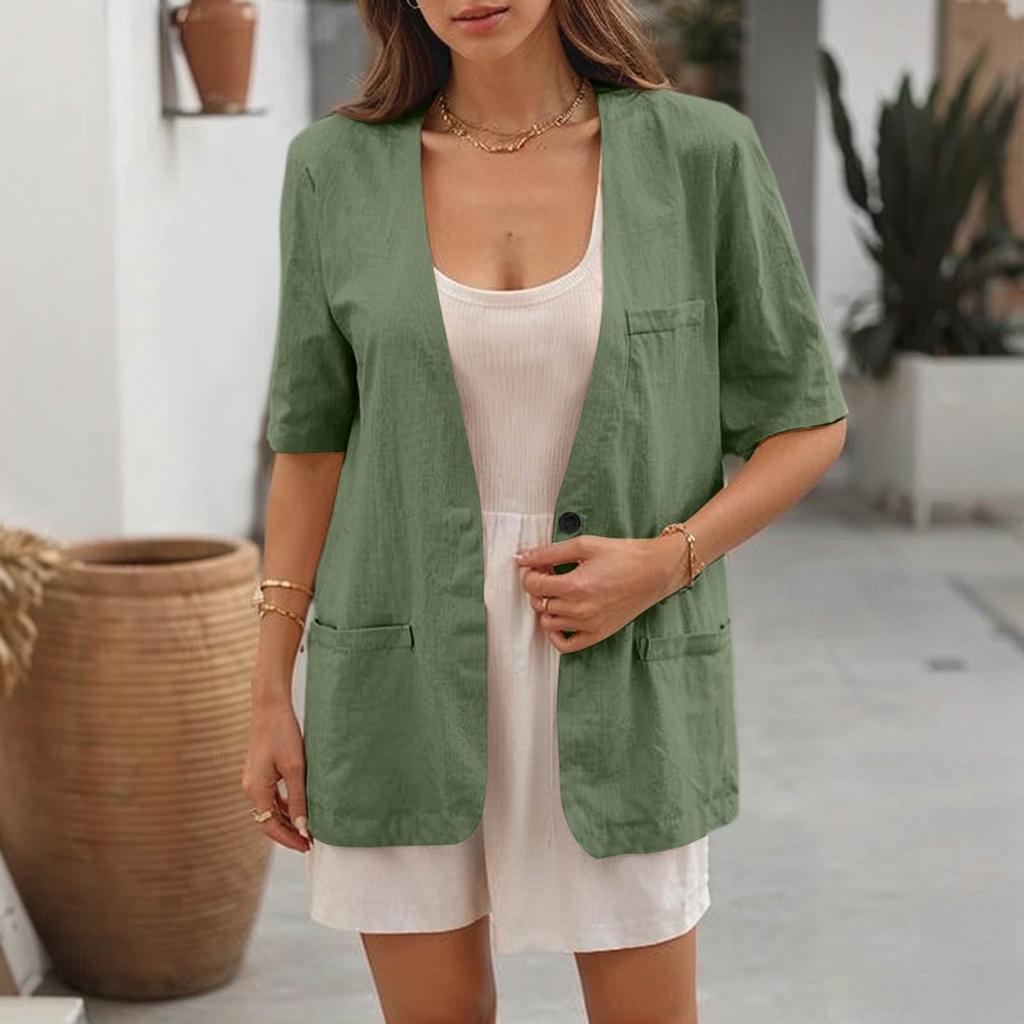 Женское Повседневное Пальто с Коротким Рукавом, V-образным Вырезом и Одной Пуговицей, Однотонное