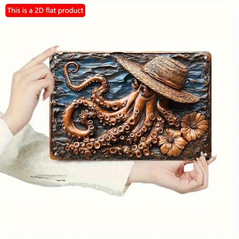 2D Плоская Деревянная Табличка 30*20см Морской Осьминог Деревянное Настенное Искусство: Осьминог в соломенной шляпе, Декор в прибрежном стиле, Декоративное настенное искусство, Декоративная деревянная табличка