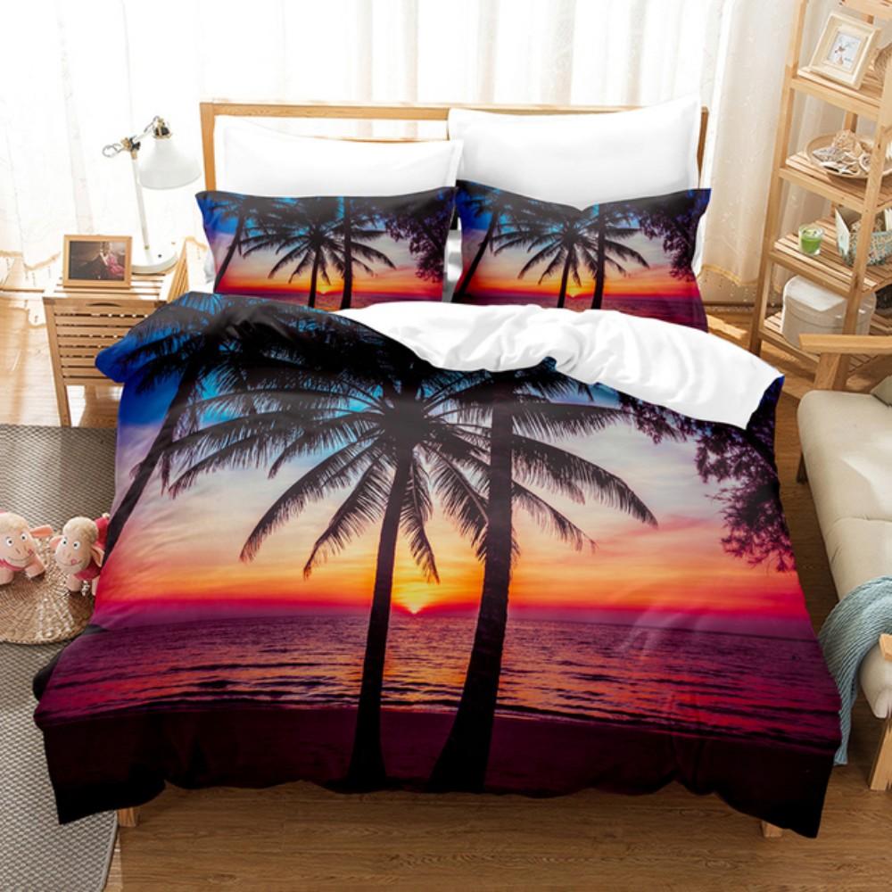 Sunset Seaside Palm Tree Bedding Set Breathable And Soft Machine-Washable 100% Polyester Duvet Cover Set For Home Decor