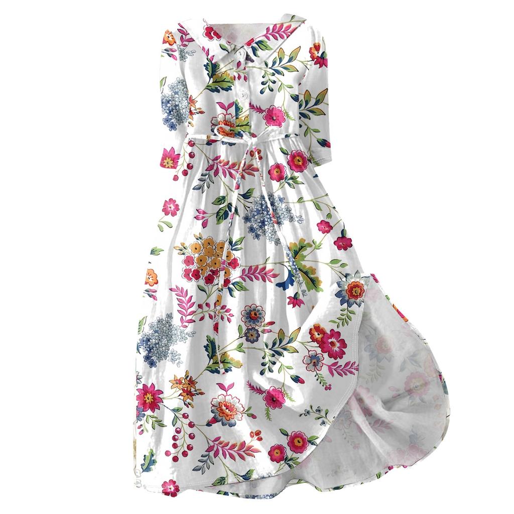 Women's Fashion Floral Printed Lapel Buttoned Seven-Point Sleeve Dress With Tie-Downs