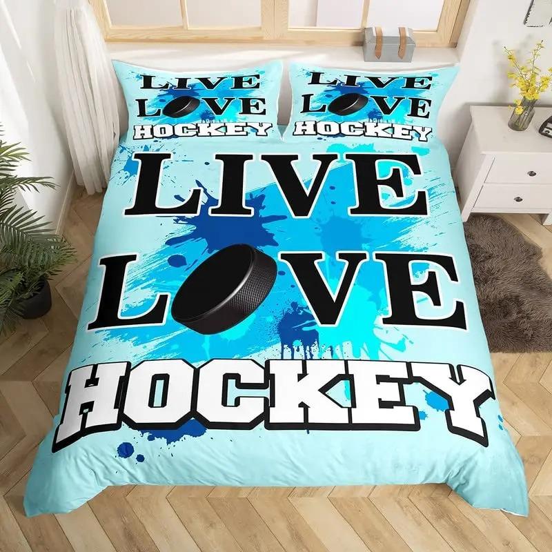 Пододеяльник для хоккея на льду, шлем, коньки, одеяло, чехол для зимних видов спорта на льду, комплект постельного белья для мальчиков, шайба, хоккеист, пододеяльник
