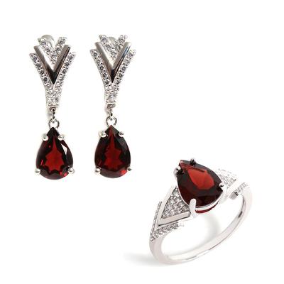 Любовь и надежда натуральный мозамбикский гранат V-образный дизайн серебряное кольцо серьги комплект легкие роскошные украшения для женщин