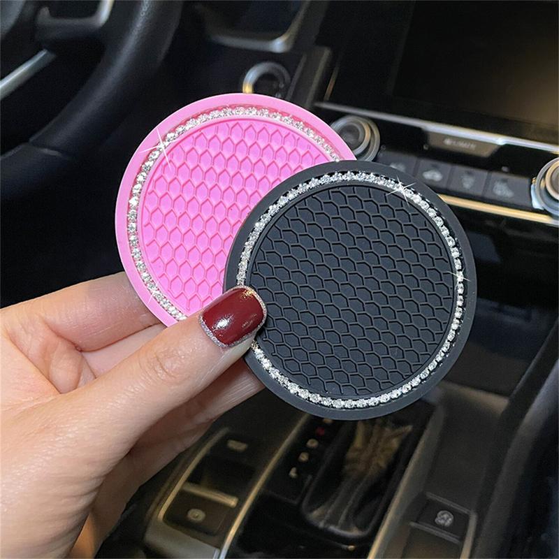 2pcs 7cm Non-slip Car Water Cup Pad Crystal Rhinestone Rubber Mat For Bottle Holder Coaster Auto Interior Anti-skid Cup Holders