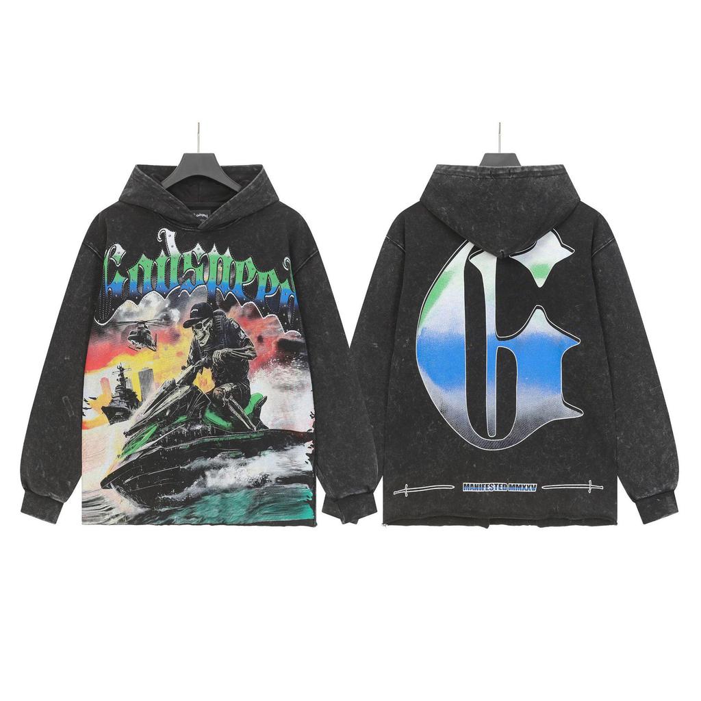 Худи с ретро-принтом 'God Bless America' в стиле рок-стрит, стиранное, повседневное, свободного кроя