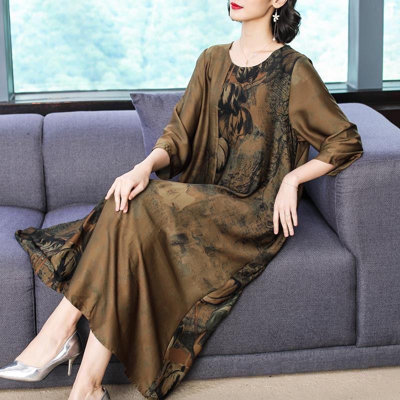 Женское летнее платье L-XXXXXL в китайском стиле для среднего возраста с рукавом 3/4 и круглым вырезом с принтом длиной до икры Повседневная одежда Домашняя одежда