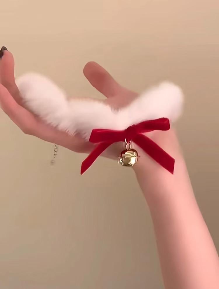 Elegant White Plush Choker with Bow & Bell - Women's Winter Necklace