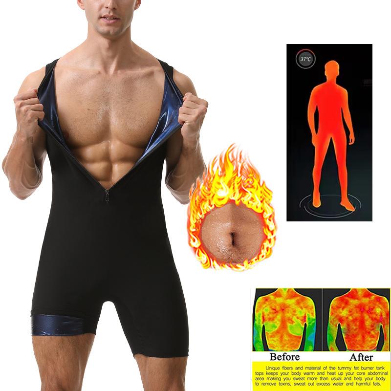 Men Plus Size Sauna Bodysuit, Zipper Tummy Control Compression One Piece Shaper For Gym Workout Training