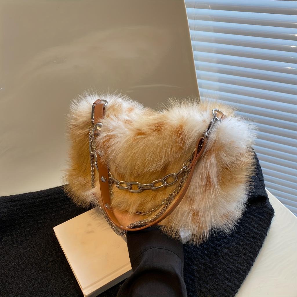 Classic Tie Dye Plush Satchel Bag, Women's Novelty Handbag, Faux Fur Chain Decor Purse For Winter