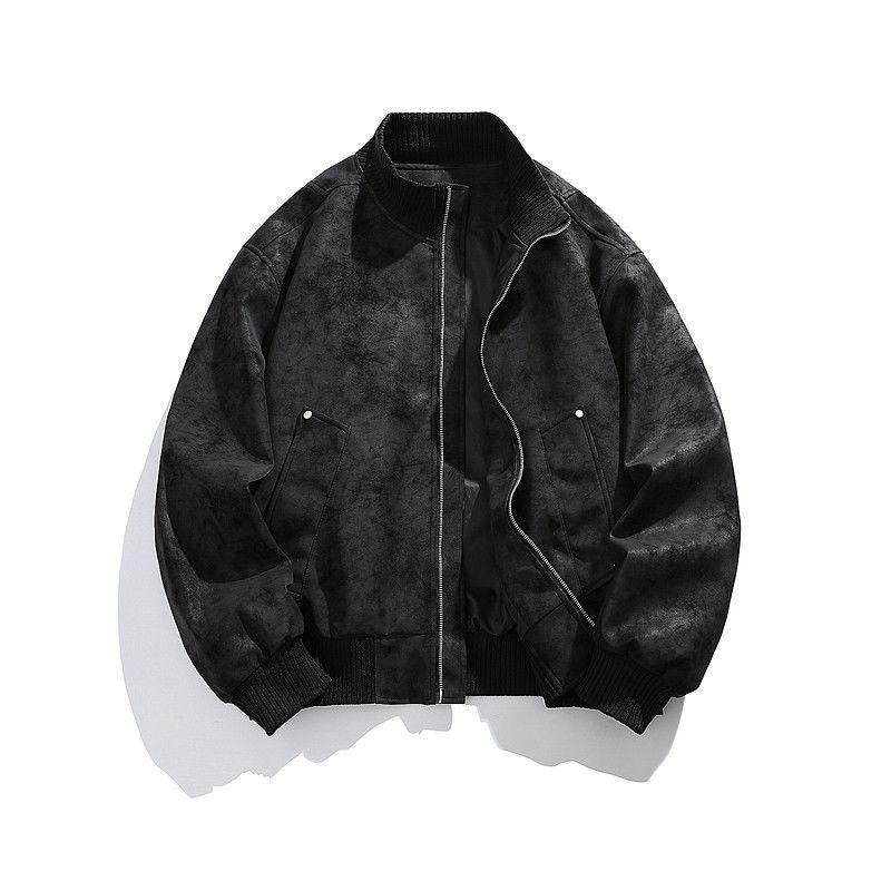 Unisex Vintage Stand Collar Loose Fit Pu Leather Baseball Jacket
