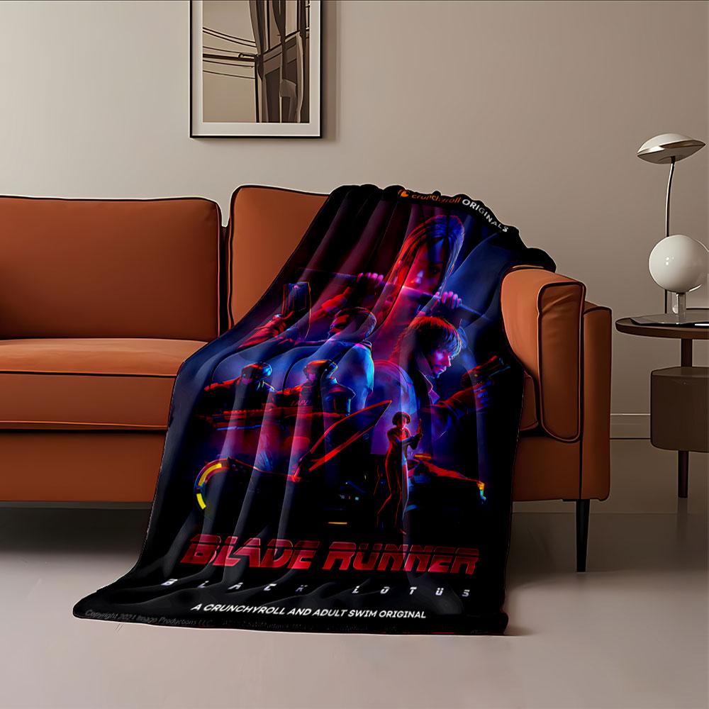 Futuristic characters with weapons amid a neon-lit, sci-fi setting. for all seasons blanket lunch break throw gift