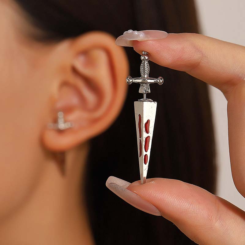 New Gothic Red Zircon Kinitial Sword Stud Earrings For Women Men Vintage Punk Cross Piercing Earrings Halloween Jewelry Gift
