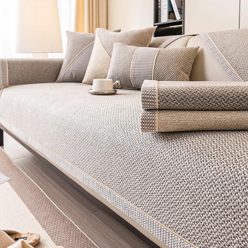 1pc Cotton Line Sofa Cover Solid Color Non-slip Couch Cushion Four Seasons Universal Sofa Mat Simple Sofa Slipcover Living Room