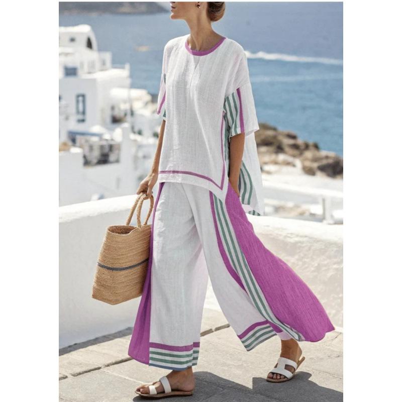 Printed short-sleeved shirt trousers set Comfortable casual loose round neck top High waist trousers two-piece set