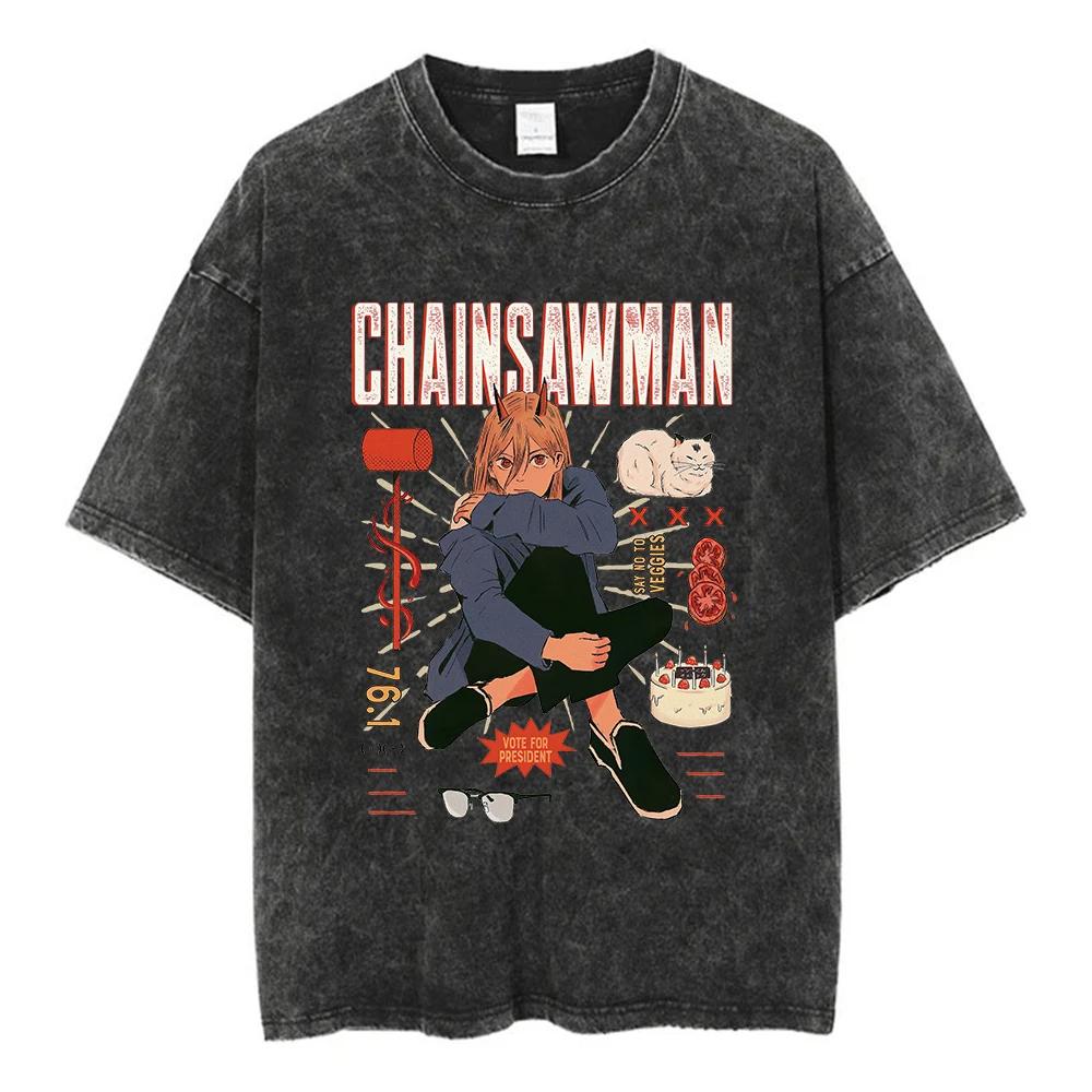 Футболка с принтом Chainsaw Man Power Аниме Мужская и Женская Стиранная Футболка Высококачественная Винтажная Хлопковая Футболка YK Топы