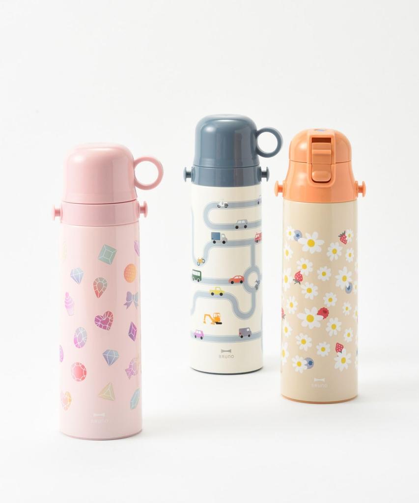 BRUNO Light 2-Way Kids' Water Bottle, 580ml, Insulated, ColdHot, Strap, Cup, Direct Drinking, One-Touch Stopper, Lightweight, Cute, Kids, Pink,