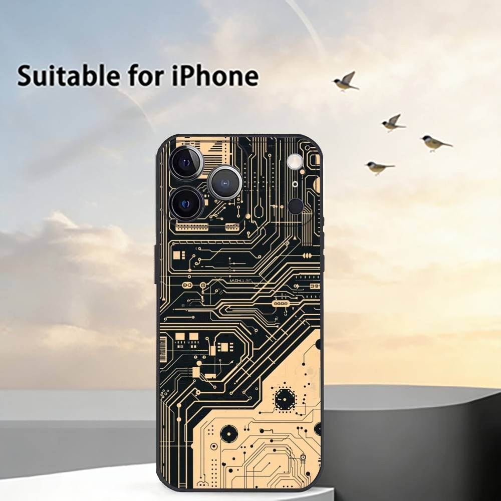 Чехол-бампер с рисунком печатной платы для iPhone 17,16,15,14,13,12,11 Plus,Pro Max,XS, Мягкий силиконовый черный