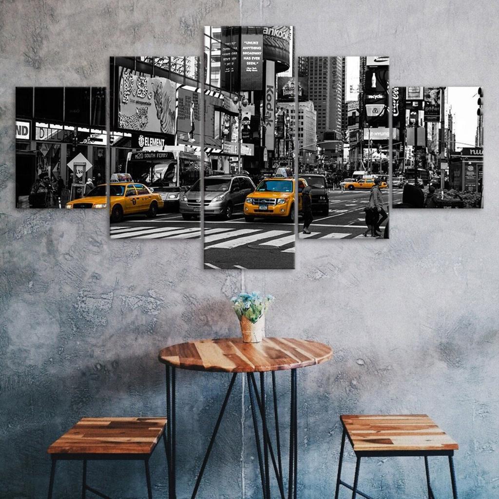 New York City Street Yellow Taxi Cars Black White Scenery 5 Piece Five Panel Wall Canvas Print Modern Art Poster Home Decor Gift For Him Her