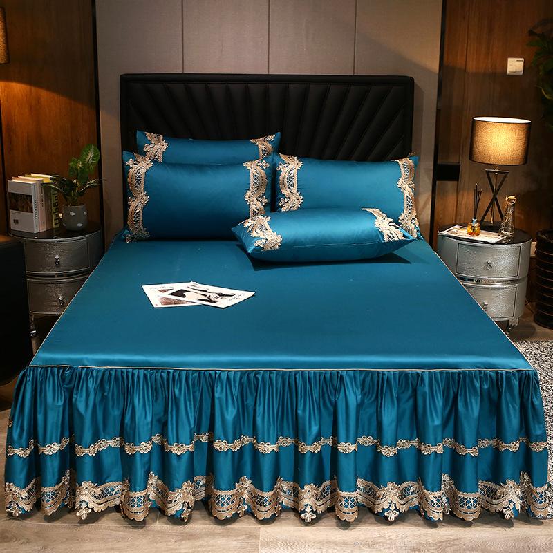 European-Style Satin 60S Long-Staple Cotton Lace Bed Skirt Three-Piece Cotton Non-Slip Bedspread Three-Piece Set 1.5 M1.8 M