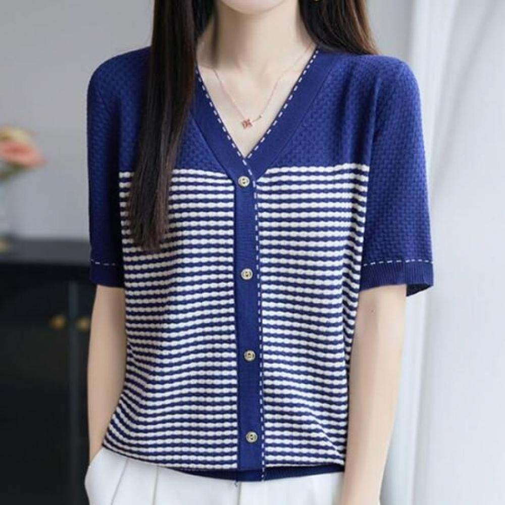 NaVaVa V Neck Short sleeVe Knit Cardigan Color Block Striped Nk3078