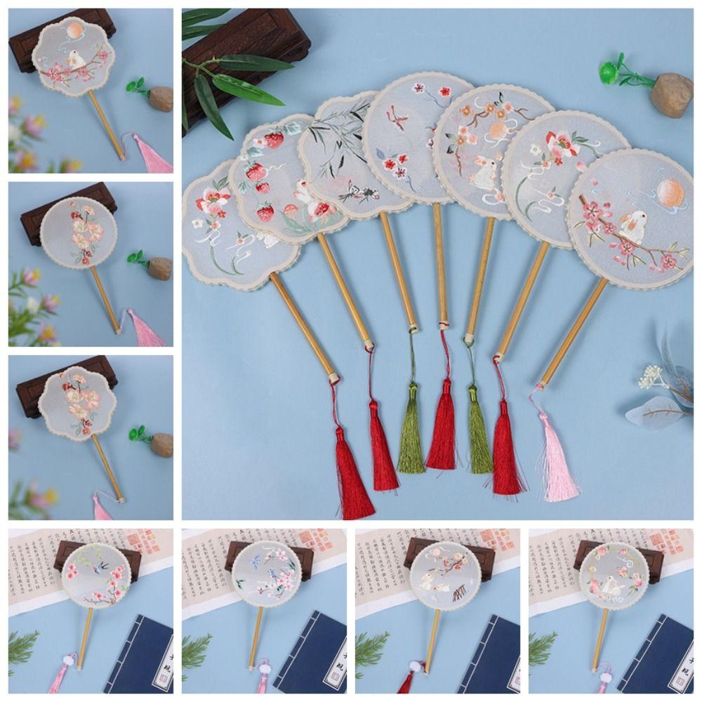 Классический круглый веер в китайском стиле, винтажный вышитый шелковый веер, двусторонний с кисточкой, ручной веер для женщин