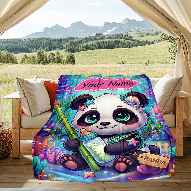 1PC Custom Name Panda Underwater Adventure flannel blanket versatile,all-season throw suitable for the living room,bedroom,camping,travel,and gift