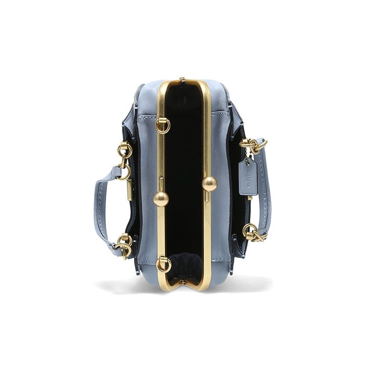 Coach Kisslock 21 Solid Color Leather Kiss Lock Shoulder Crossbody Handbag Small Women handbags Fog-Blue Morandi 73935-B4M4