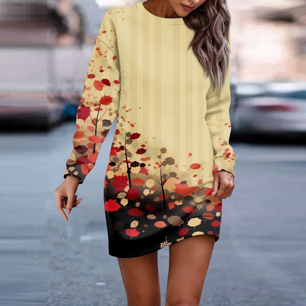 Платье с длинным рукавом для женщин, повседневное пуловер с принтом, платье-свитер, осень