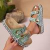 Fashion New Women's Rhinestone Thick Sole Twine Double Buckle Sandals, Soft Comfortable Women's Beach Slippers Large Size
