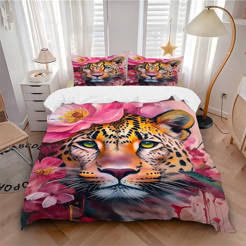3pcs Leopard Floral Print Duvet Cover Set - Machine Washable, Includes 1 Cover and 2 Pillowcases, No Core Included yy251013076