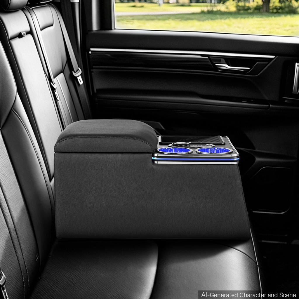 Universal Rear Bench Seat Center Console with 7-Color Ambient Lights, Wireless/USB/Cigarette Lighter Charging, Back Seat Central Console Organizer