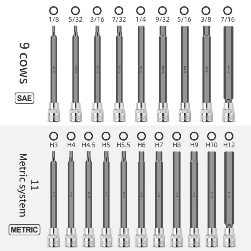 20PC Practical Extra Deep Hex Bit Sockets Set 3/8" Drive Includes Metric 3 12mm British 1/8 7/16" With Storage Case