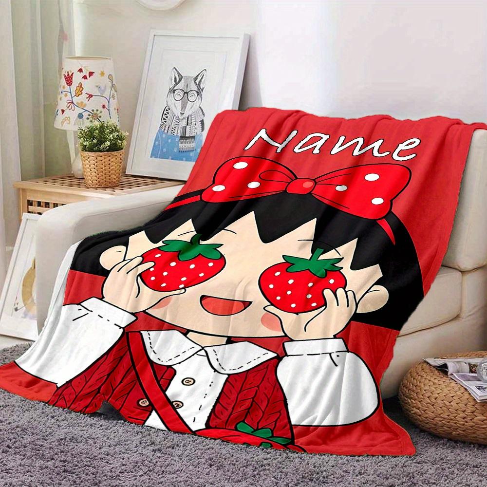 Chibi Marukochan Strawberry Girl Red Bow Cartoon Print Blanket Personalized Name Soft Lightweight And Versatile For Sofa Bed Picnic Office Car Travel