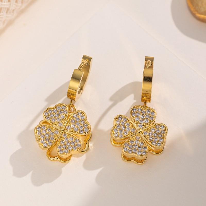 Elegant Four Leaf Clover Jewelry Set Women Gold Plated Stainless Steel Necklace Bracelet Earrings With Water Wave Chain