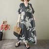 2025 Summer Plus Size Dress Women Casual V-Neck Vintage Shirt Dress Loose Basic Printing Dress