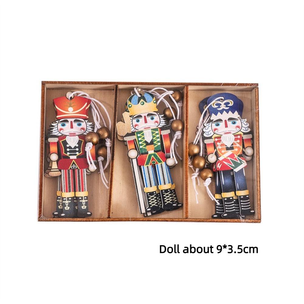 9pcs Walnut Soldier Wooden Pendant Creative Color Print Xmas Tree Hanging Ornament New Year Party Supplies Christmas Decorations
