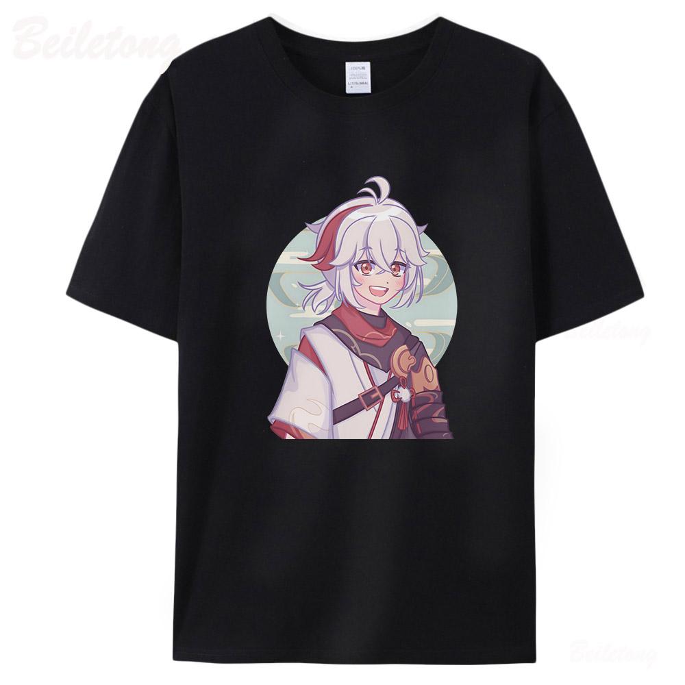 Genshin Impact Kaedehara Kazuha Футболки Мужчины Женщины Футболки унисекс с короткими рукавами 100% хлопок Летняя уличная одежда с принтом О-образным вырезом Черные топы