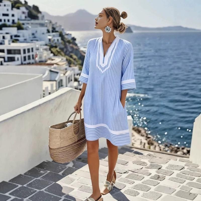 Bohemian V Neck Loose Fit 3 4 Sleeve Beach Vacation Dress