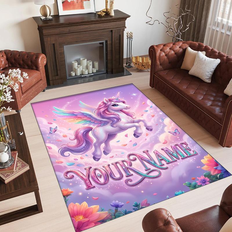 Unicorn Theme Crystal Velvet Floor Rug Personalized Custom Name Text Warm Carpet Home Decoration