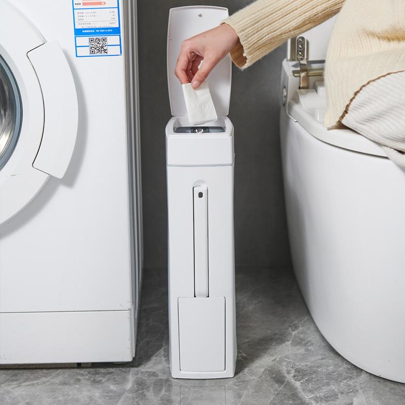 Ultra-Thin Home Bathroom Toilet Storage Bin with Toilet Brush and Lid - New Design with Brush Holder and Crevice Trash Can